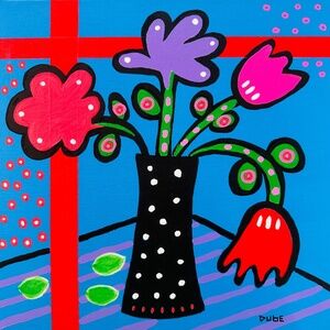 Original POP Art Painting: Green Limes & Floral Bouquet, 12"x12" Canvas